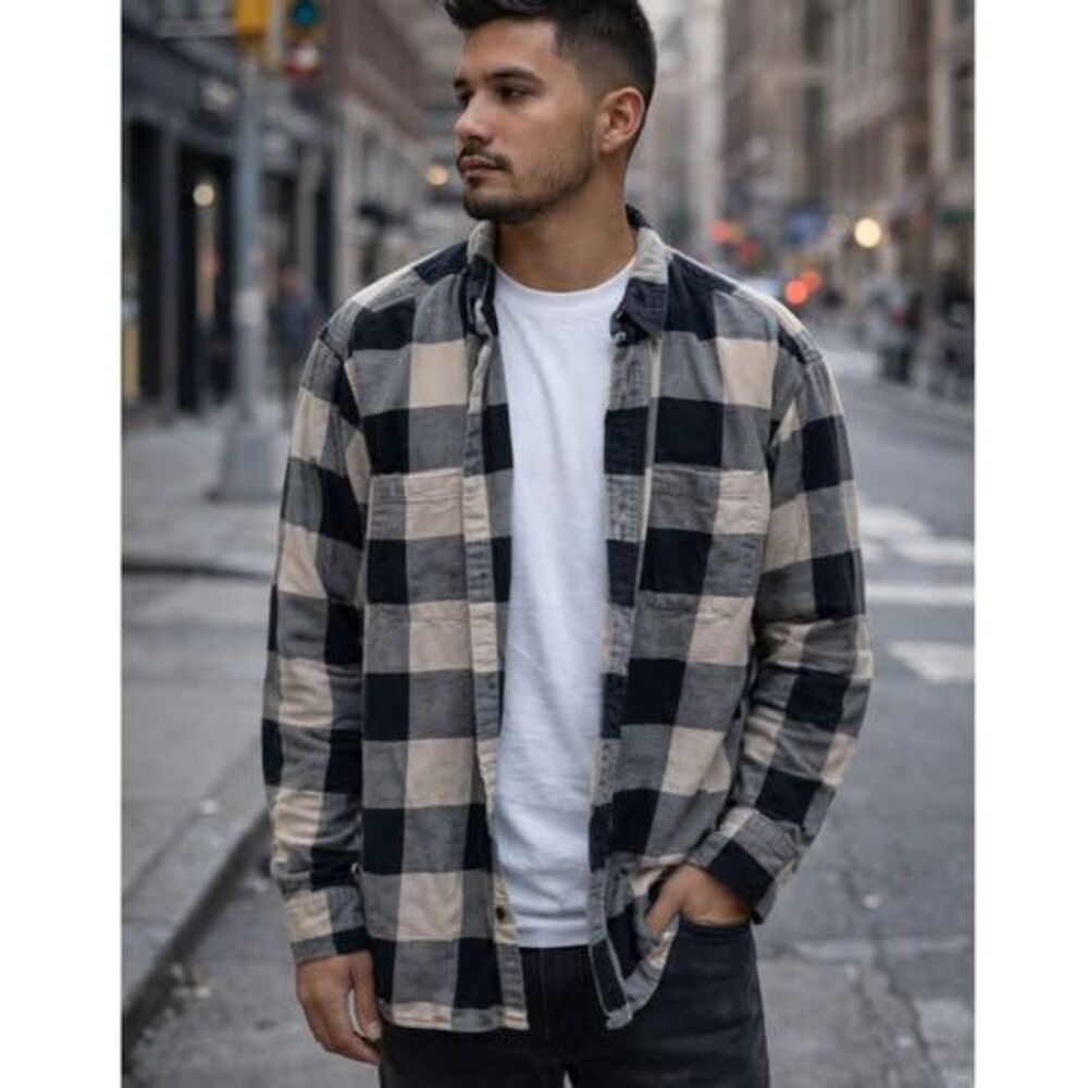 H&M Relaxed Fit Buffalo Plaid Shirt XL Black Beige Flannel Casual